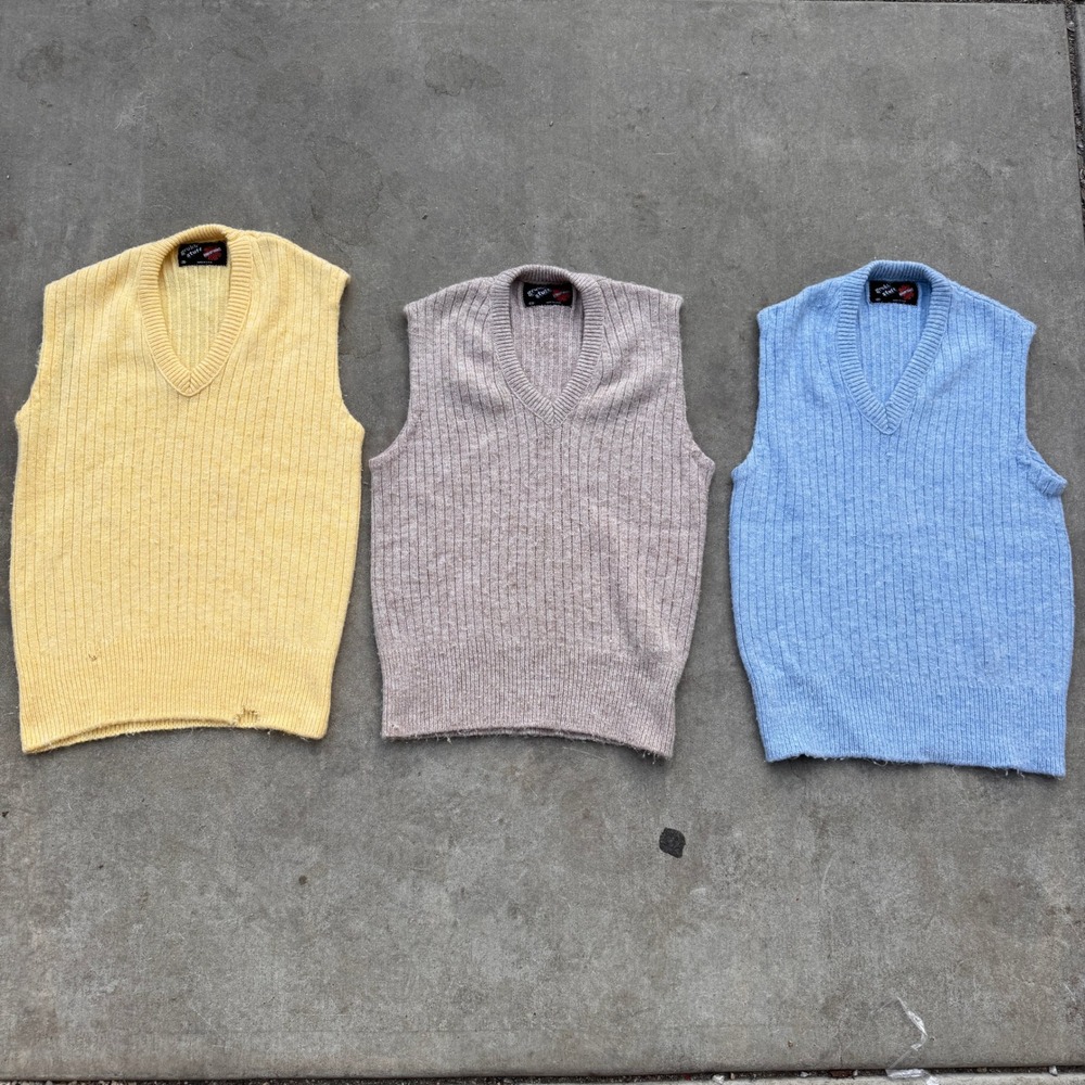 Vintage 60s Grub Stuff Fuzzy Sweater Vest Lot 3 Ribbed V Neck Pastel Size Small